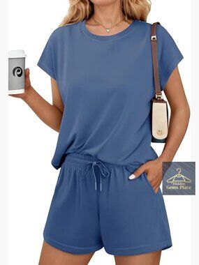 Women's 2 Piece Lounge Set with Pockets Short Sleeve Casual Travel Matching